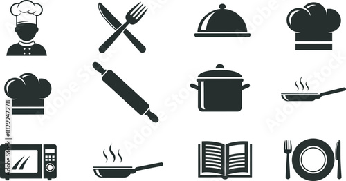 Versatile set of cooking and kitchen-related icons featuring chef, utensils, cookware, and culinary elements for various food designs Vector