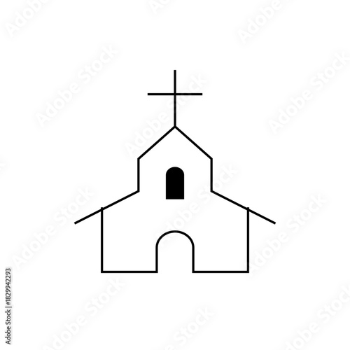 Simple line drawing of a church with a cross on top and an arched entrance with a small window above