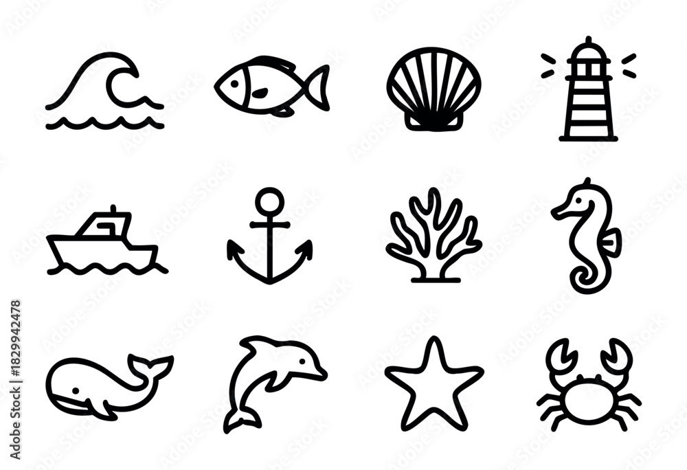 Fototapeta premium Set of minimalist ocean icons in bold-line style: wave, fish, shell, lighthouse, boat, anchor, coral, seahorse, whale, dolphin, starfish, crab.