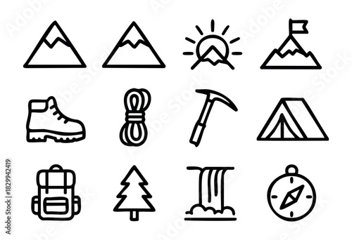 Set of minimalist mountain icons in bold-line style: mountain, peak, sunrise, flag, hiking boot, rope, ice axe, tent, backpack, pine tree, waterfall, compass.