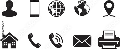 Essential contact information vector icons set including phone, mail, address, website, and location symbols for digital interfaces and business designs Vector
