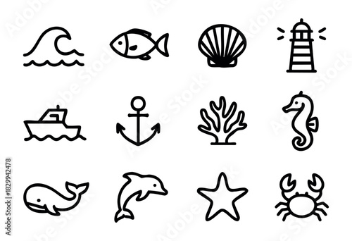 Set of minimalist ocean icons in bold-line style: wave, fish, shell, lighthouse, boat, anchor, coral, seahorse, whale, dolphin, starfish, crab.