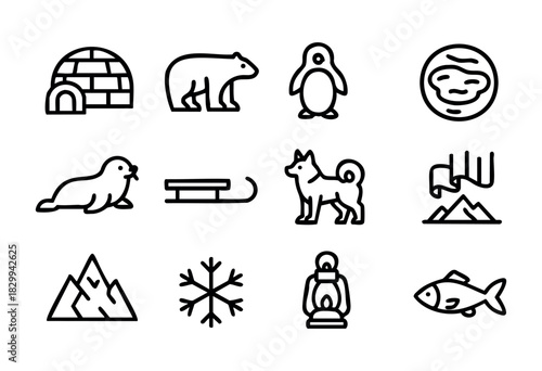 Set of minimalist arctic life icons in bold-line style: igloo, polar bear, penguin, seal, sled, husky, northern lights, mountain, snowflake, lantern, fish.