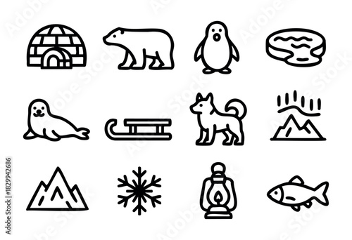 Set of minimalist arctic life icons in bold-line style: igloo, polar bear, penguin, seal, sled, husky, northern lights, mountain, snowflake, lantern, fish.