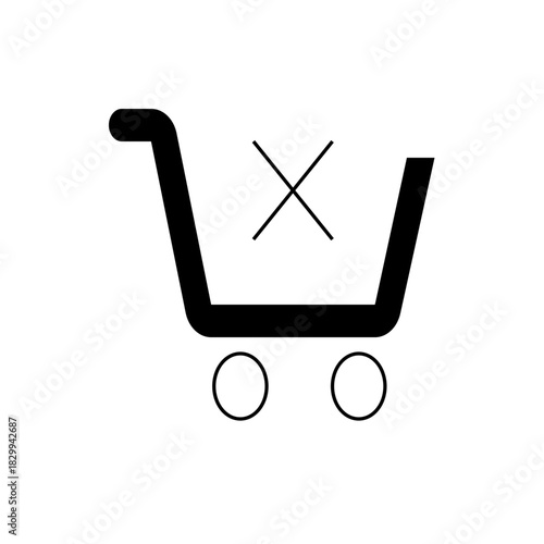 Illustration of a black shopping cart with two wheels and a cross mark inside the cart body design