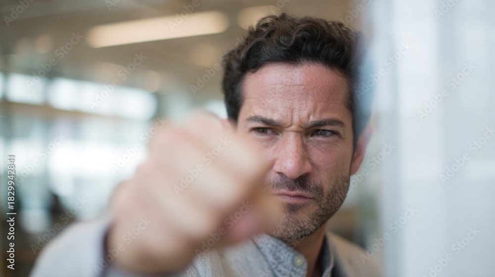 Obraz premium Close-up portrait of a middle-aged man pointing his finger towards the camera. he has dark hair and a beard and is wearing a grey shirt.
