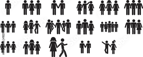 Diverse stick figure icons depicting individuals, couples, families, and groups representing community, connection, and human interaction Vector