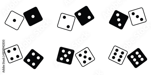 Dice icon set with all six faces. Dices flat icon for a race to guess the numbers or a gambling game illustration. Game dice icons in outline and filled vector styles. Gambling and board game symbols.