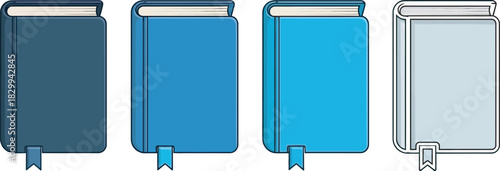 Collection of blue and outline stylized books or diaries with bookmarks, representing education, knowledge, learning, and planning concepts. Vector
