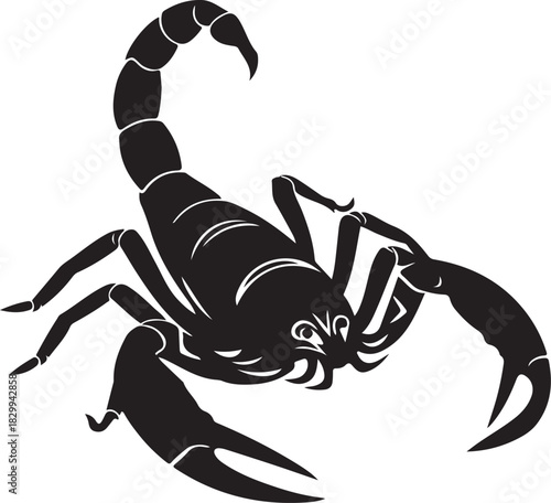 Detailed black and white illustration of a scorpion with logo sample