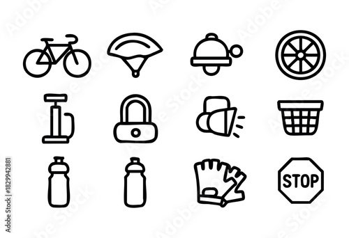 Set of minimalist bicycle icons in bold-line style: bicycle, helmet, bell, chain, wheel, basket, pump, lock, megaphone, bottle, gloves, stop sign.