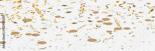 Celebration background, gold confetti border, party banner. Realistic falling gold confetti and streamers decorative border on transparent background
vector illustration.