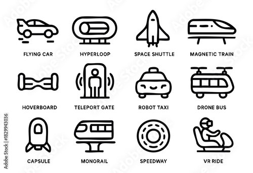Set of minimalist futuristic transport icons in bold-line style: flying car, hyperloop, space shuttle, magnetic train, hoverboard, teleport gate, robot taxi, drone bus, capsule, monorail, speedway, VR