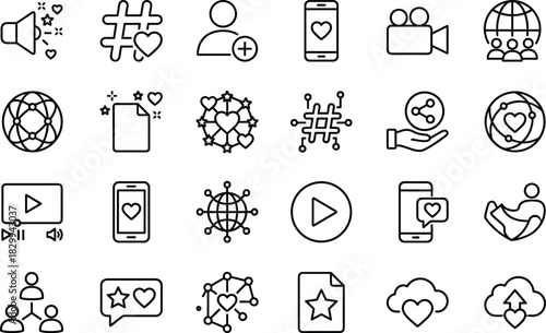 Social Media Marketing, Communication, and Networking Vector Icon Set: Modern Line Art for Digital Strategy, Content Sharing, Love, Likes, Global Connections, and Online Community Building.