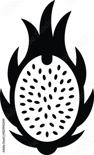 Dragon fruit vector simple flat icon, exotic pitaya black and white for coloring book design isolated