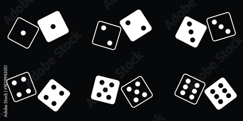 Dice icon set with all six faces. Dices flat icon for a race to guess the numbers or a gambling game illustration. Game dice icons in outline and filled vector styles. Gambling and board game symbols.