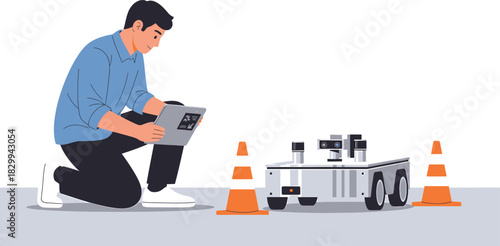 AI engineer testing industrial robot in lab Vector