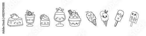 Kawaii ice cream dessert in a waffle cup, black outline, vector illustration in cartoon style. Vector illustration