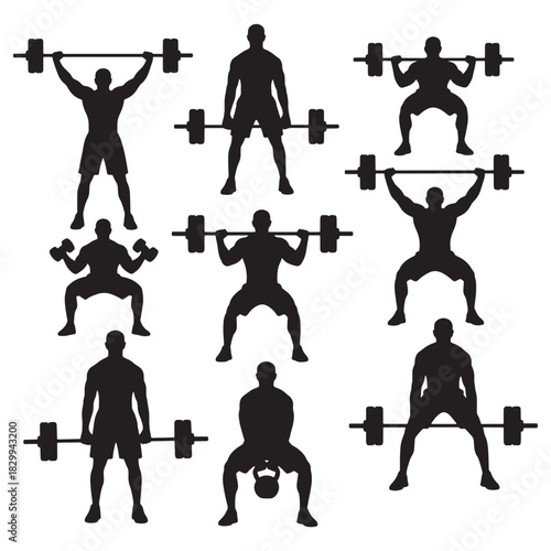 Set of Weightlifting Workout Silhouettes - Squat, Snatch, Clean & Jerk