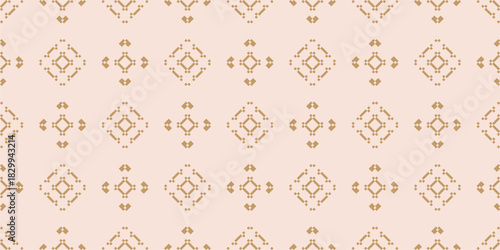 Vector geometric seamless pattern in ethnic style. Traditional nordic folk ornament. Abstract gold and pink texture with squares, diamonds, flower silhouettes. Repeated background for decor, textile