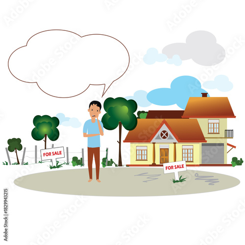 Confused Homeowner Thinking About Selling House with Empty Thought Bubble Vector Illustration