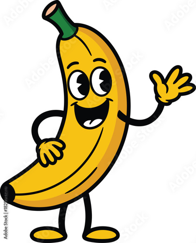 Happy banana cartoon character with a cheerful wave, a vibrant fruit illustration for children's coloring book