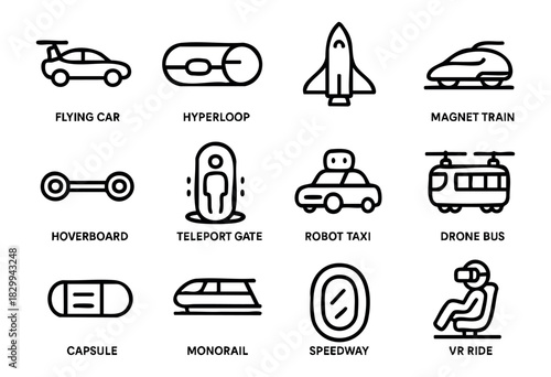 Set of minimalist futuristic transport icons in bold-line style: flying car, hyperloop, space shuttle, magnetic train, hoverboard, teleport gate, robot taxi, drone bus, capsule, monorail, speedway, VR