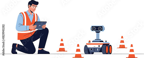 AI engineer testing industrial robot in lab Vector