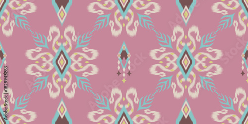 Seamless pink ikat pattern featuring soft ornamental shapes and handcrafted tribal details. Ideal for textiles, wallpapers, packaging, and digital design projects.