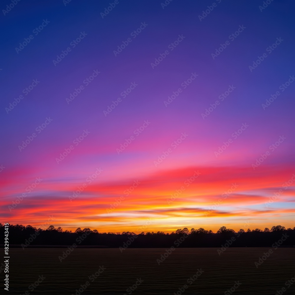 Fototapeta premium Majestic panorama of the evening sky ablaze with color above an open grassy field. Dark tree line silhouettes frame the horizon during twilight, dramatic, expansive, countryside