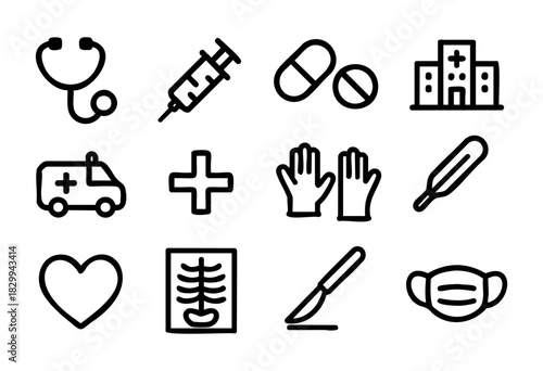 Set of minimalist medical icons in bold-line style: stethoscope, syringe, pills, hospital, ambulance, cross, gloves, thermometer, heart, X-ray, scalpel, mask.