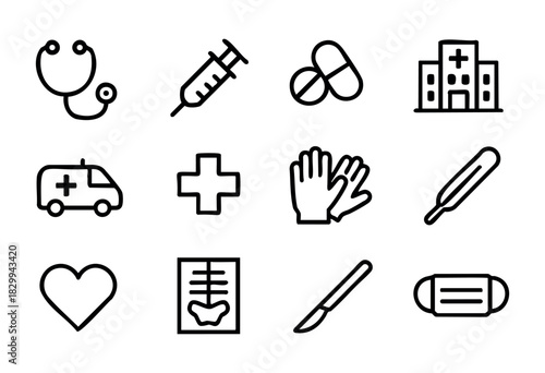 Set of minimalist medical icons in bold-line style: stethoscope, syringe, pills, hospital, ambulance, cross, gloves, thermometer, heart, X-ray, scalpel, mask.