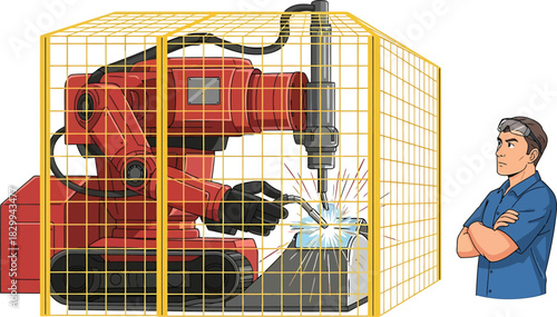 AI engineer testing industrial robot in lab Vector
