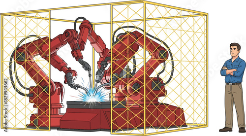 AI engineer testing industrial robot in lab Vector