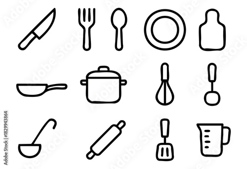 Set of minimalist kitchen tool icons in bold-line style: knife, fork, spoon, plate, cutting board, pan, pot, whisk, ladle, rolling pin, spatula, measuring cup.