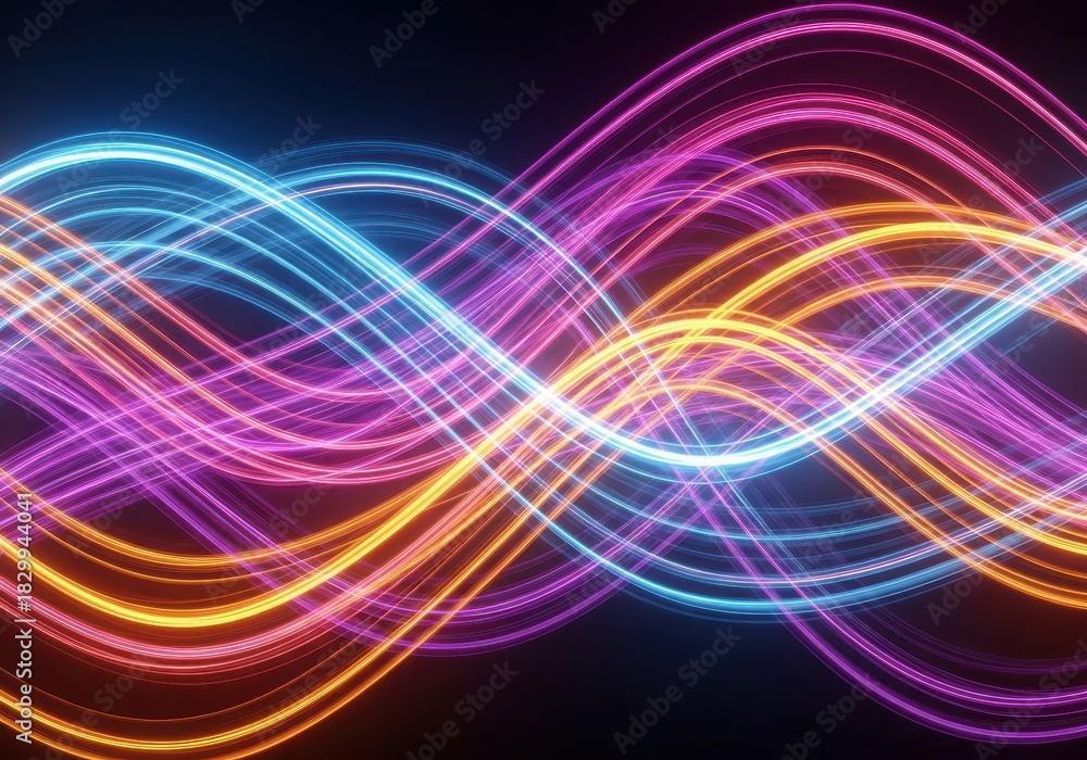 Obraz premium Vibrant abstract flowing neon light waves create a dynamic, futuristic background texture perfect for digital art and presentations, light, blue, backdrop