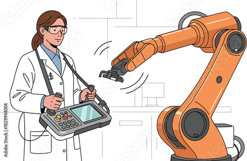 AI engineer testing industrial robot in lab Vector