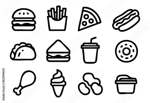 Set of minimalist fast food icons in bold-line style: burger, fries, pizza, hotdog, taco, sandwich, drink, donut, chicken leg, ice cream, chips, box meal.