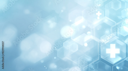 Medical healthcare background with hexagons and white cross symbols. Blue bokeh abstract background. For medical presentations, healthcare websites, pharmaceutical materials, hospital communications
