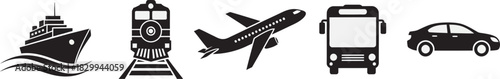 Diverse modes of transportation icons: ship, train, airplane, bus, and car, representing global travel and logistics solutions. Vector