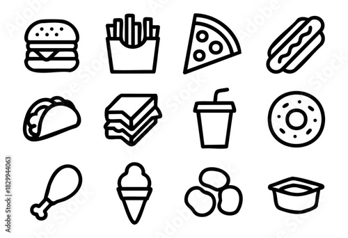 Set of minimalist fast food icons in bold-line style: burger, fries, pizza, hotdog, taco, sandwich, drink, donut, chicken leg, ice cream, chips, box meal.