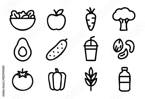 Set of minimalist healthy food icons in bold-line style: salad bowl, apple, carrot, broccoli, avocado, cucumber, smoothie, nuts, tomato, pepper, grain, water bottle.
