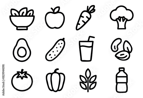 Set of minimalist healthy food icons in bold-line style: salad bowl, apple, carrot, broccoli, avocado, cucumber, smoothie, nuts, tomato, pepper, grain, water bottle.
