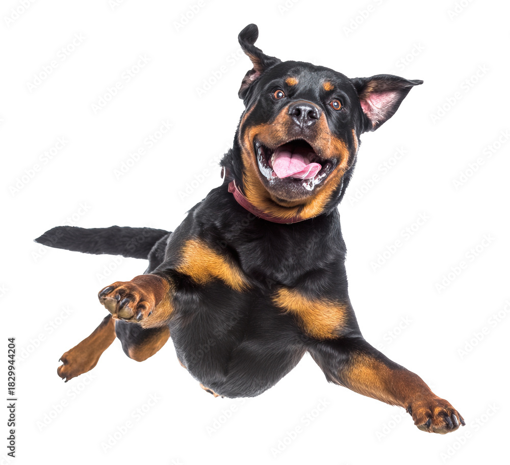 Fototapeta premium Playful funny Rottweiler pet dog jumping isolated PNG cutout, transparent background. Active happy healthy doggy playing, good boy