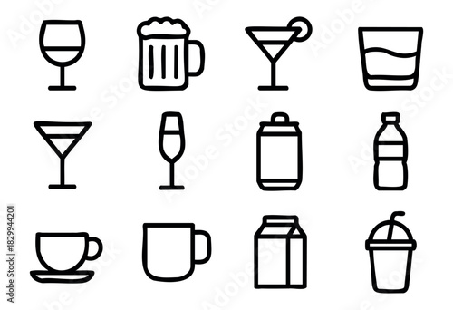 Set of bold drink icons in outline style: wine glass, beer mug, cocktail, whiskey, martini, champagne, can, water bottle, cup, mug, milk carton, smoothie.
