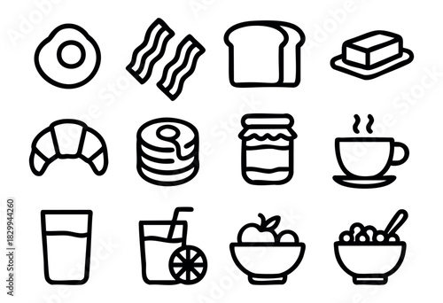 Set of minimalist breakfast icons in bold-line style: fried egg, bacon, toast, butter, croissant, pancakes, jam, coffee cup, juice, fruit bowl, cereal bowl.