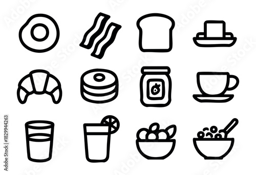 Set of minimalist breakfast icons in bold-line style: fried egg, bacon, toast, butter, croissant, pancakes, jam, coffee cup, juice, fruit bowl, cereal bowl.