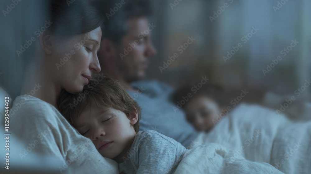 Obraz premium Family of three - a mother, father, and son - sleeping in bed together. the mother is on the left side of the image, with her head resting on the son's shoulder.