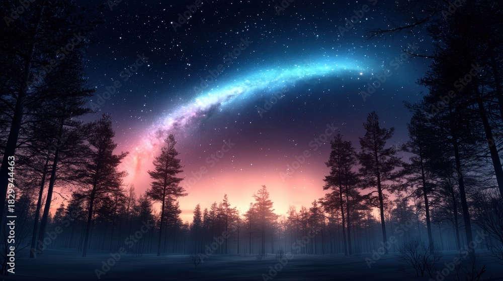 Fototapeta premium Night sky with vibrant Milky Way arc above a tranquil winter forest