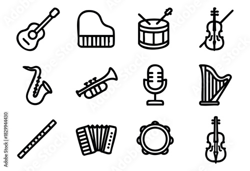 Set of music instrument icons in bold-line style: guitar, piano, drum, violin, saxophone, trumpet, microphone, harp, flute, accordion, tambourine, cello.